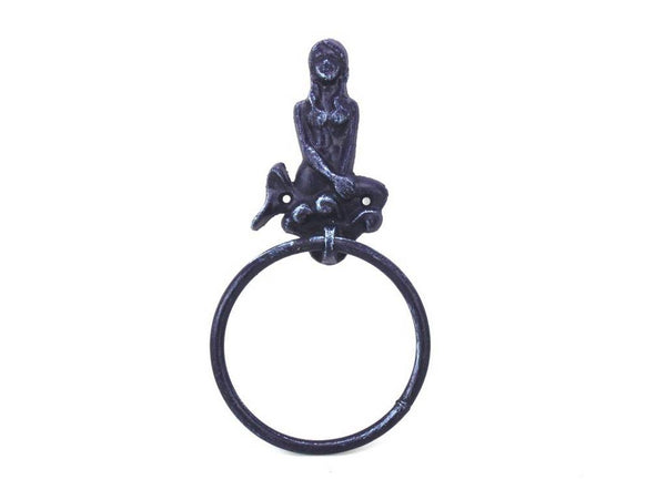 Rustic Dark Blue Cast Iron Mermaid Towel Holder 8.5"