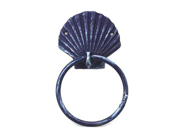 Rustic Dark Blue Cast Iron Seashell Towel Holder 8.5"