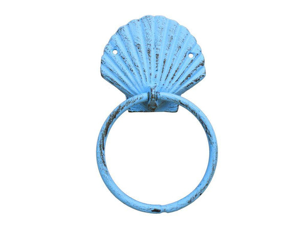 Rustic Light Blue Cast Iron Seashell Towel Holder 8.5"
