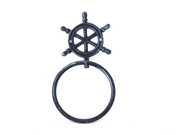 Rustic Dark Blue Cast Iron Ship Wheel Towel Holder 8.5"