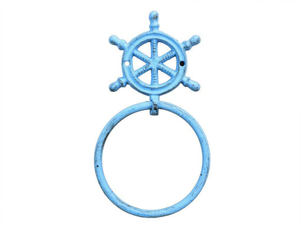 Rustic Light Blue Cast Iron Ship Wheel Towel Holder 8.5"