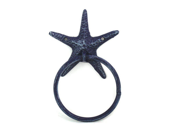 Rustic Dark Blue Cast Iron Starfish Towel Holder 8.5"