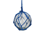 Clear Japanese Glass Ball Fishing Float with Dark Blue Netting Christmas Ornament 3"