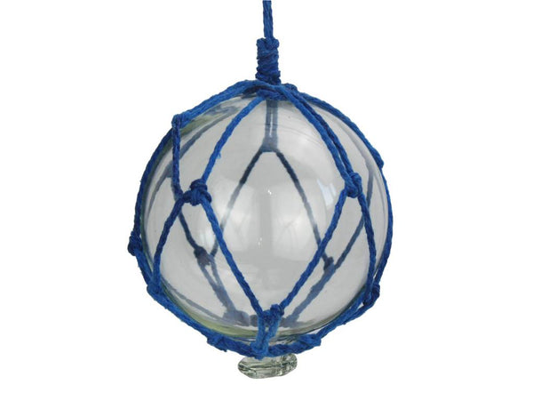 Clear Japanese Glass Ball Fishing Float with Dark Blue Netting Christmas Ornament 4"