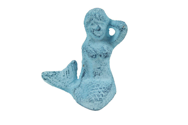 Rustic Dark Blue Whitewashed Cast Iron Sitting Mermaid Paperweight 3"
