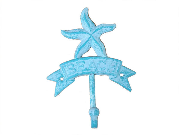 Rustic Light Blue Whitewashed Cast Iron Starfish Beach Hook 8"