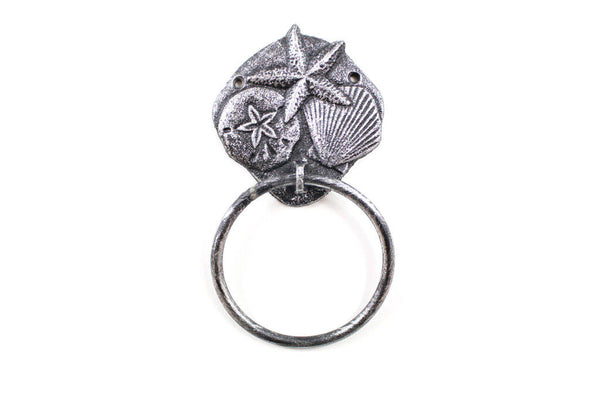 Rustic Silver Cast Iron Shell Sand Dollar Starfish Towel Holder 8"