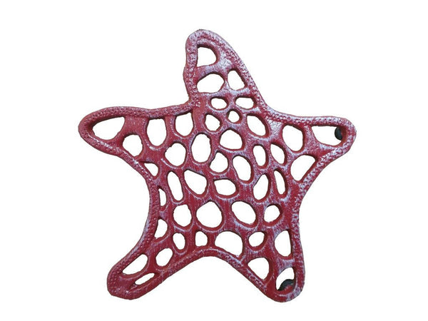 Rustic Red Whitewashed Cast Iron Starfish Trivet 7"