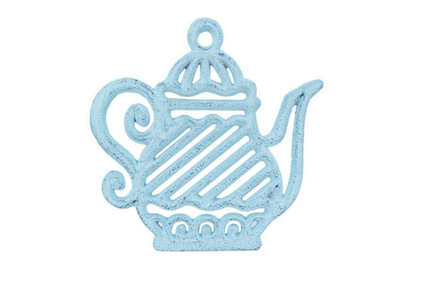 Rustic Dark Blue Whitewashed Cast Iron Teapot Trivet 9"