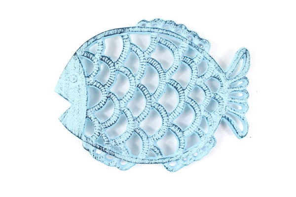 Rustic Dark Blue Whitewashed Cast Iron Big Fish Trivet 8"