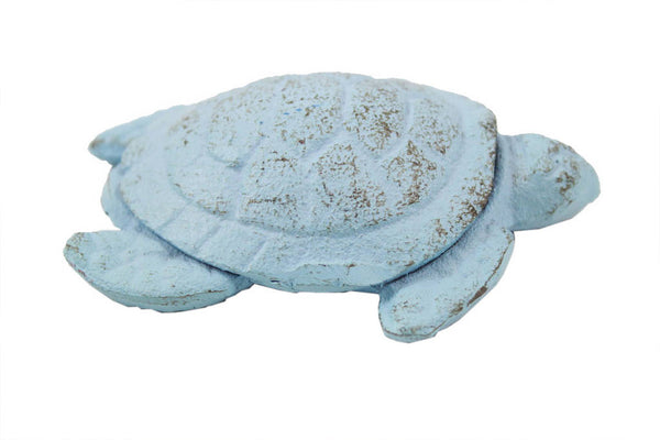 Rustic Light Blue Cast Iron Decorative Turtle Paperweight 4"