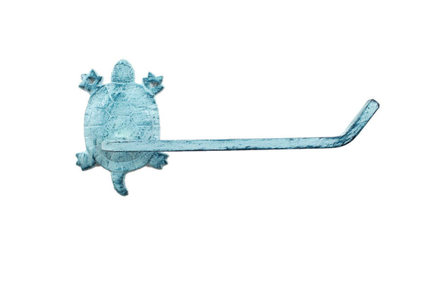 Rustic Dark Blue Whitewashed Cast Iron Decorative Turtle Toilet Paper Holder 10"