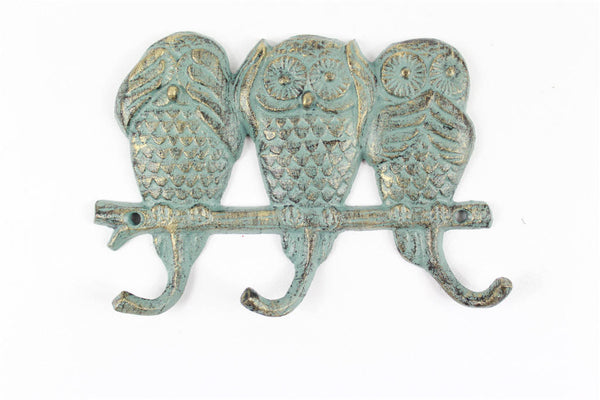 Antique Seaworn Bronze Cast Iron Owl Wall Hooks 9"