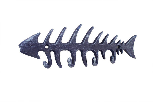 Rustic Dark Blue Cast Iron Fish Bone Key Rack 8"