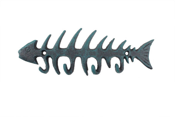Seaworn Blue Cast Iron Fish Bone Key Rack 8"