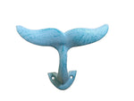 Rustic Light Blue Whitewashed Cast Iron Decorative Whale Tail Hook 5"