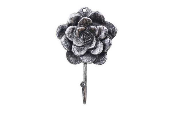 Rustic Silver Cast Iron Decorative Rose Hook 7"