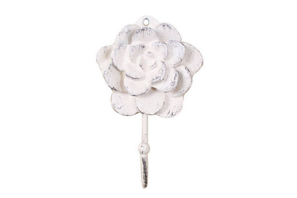 Whitewashed Cast Iron Decorative Rose Hook 7"