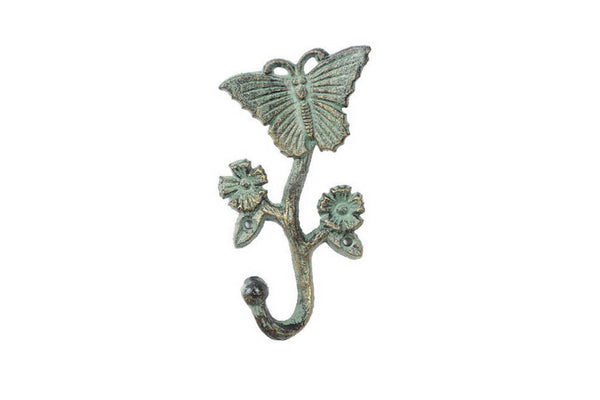 Antique Seaworn Bronze Cast Iron Butterfly With Flowers Hook 5"
