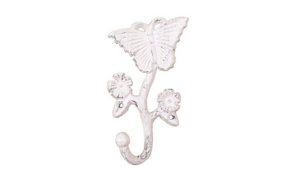 Whitewashed Cast Iron Butterfly With Flowers Hook 5"