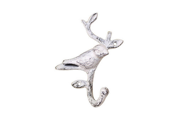 Whitewashed Cast Iron Decorative Bird Hook 6"