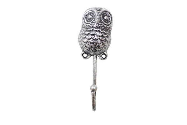 Rustic Silver Cast Iron Decorative Owl Hook 6"
