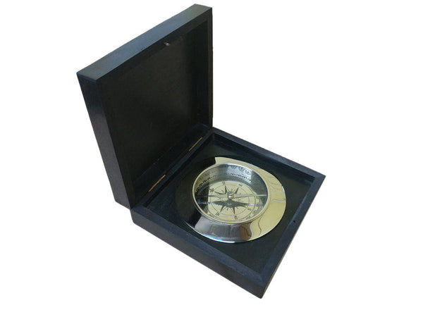 Chrome Admiral's Desk Compass w/ Black Rosewood Box 5"