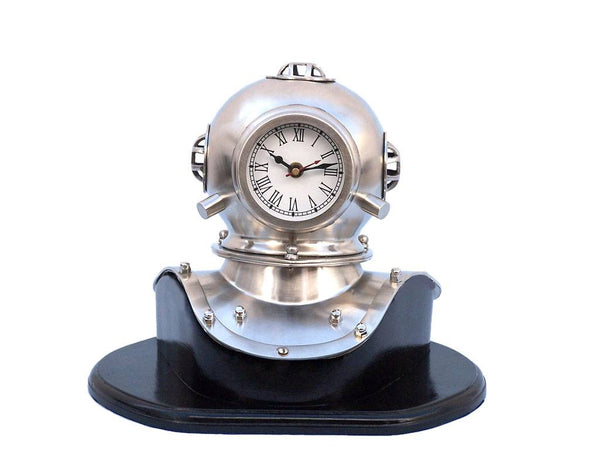 Brush Nickel Decorative Divers Helmet Clock on Black Rosewood Base 12"