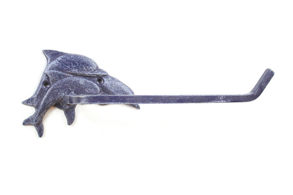 Rustic Dark Blue Cast Iron Decorative Dolphins Toilet Paper Holder 10"