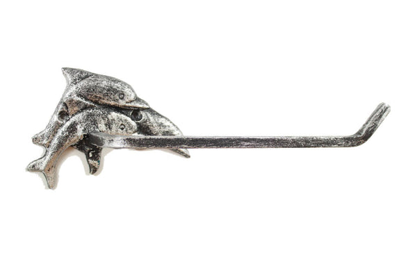 Rustic Silver Cast Iron Decorative Dolphins Toilet Paper Holder 10"