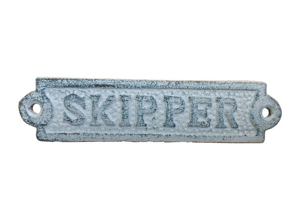 Rustic Dark Blue Whitewashed Cast Iron Skipper Sign 6"