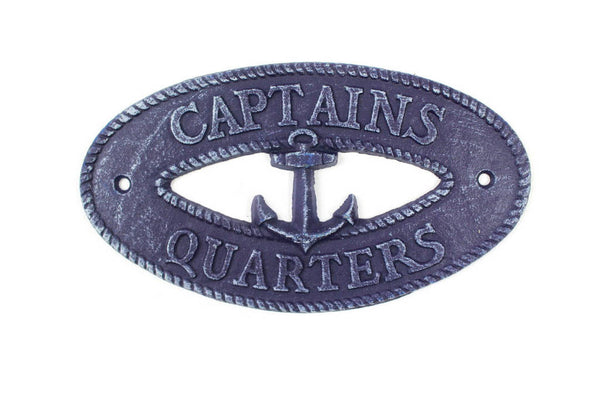 Rustic Dark Blue Cast Iron Captains Quarters with Anchor Sign 8"