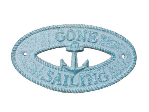 Rustic Light Blue Whitewashed Cast Iron Gone Sailing with Anchor Sign 8"