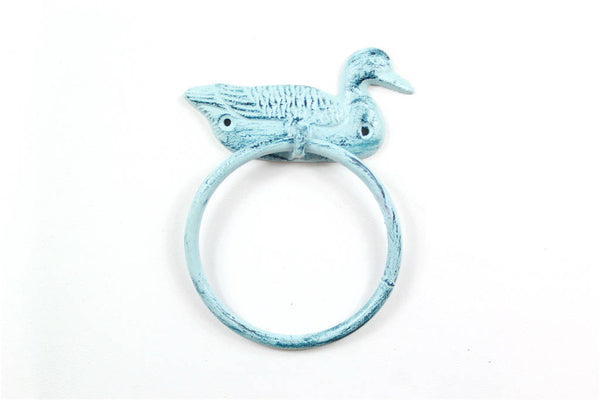 Rustic Dark Blue Whitewashed Cast Iron Mallard Duck Towel Holder 6.5"