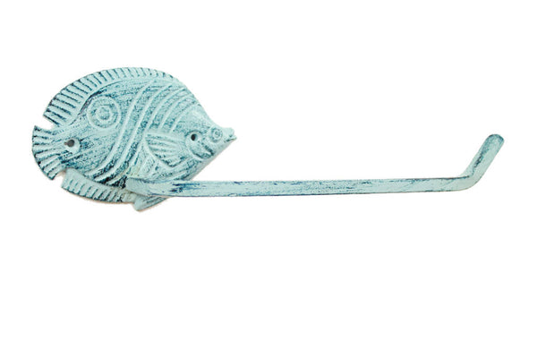 Rustic Dark Blue Whitewashed Cast Iron Butterfly Fish Toilet Paper Holder 11"