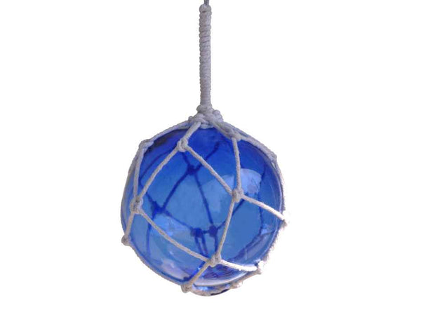 Blue Japanese Glass Ball With White Netting Christmas Ornament 4"