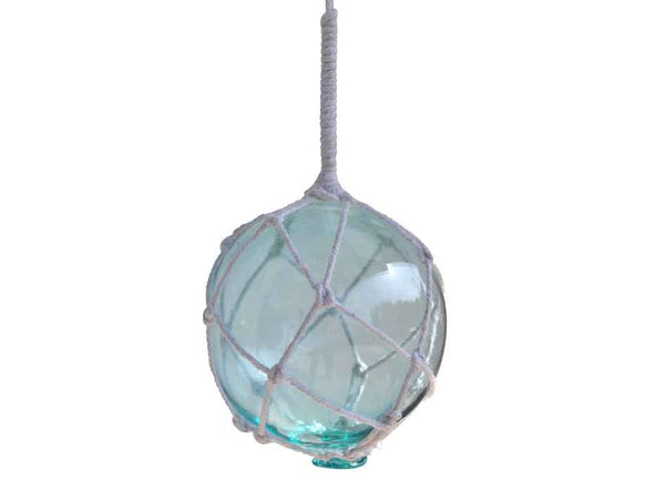 Light Blue Japanese Glass Ball With White Netting Christmas Ornament 4"