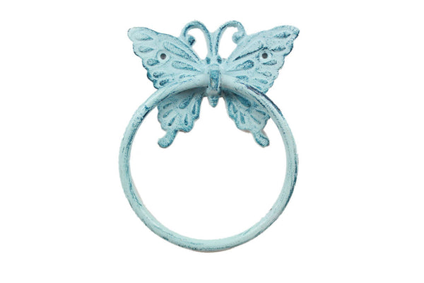 Rustic Dark Blue Whitewashed Cast Iron Butterfly Towel Holder 6"