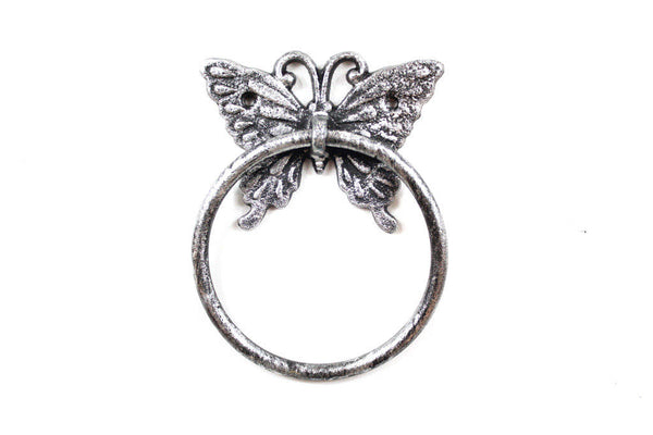 Rustic Silver Cast Iron Butterfly Towel Holder 6"
