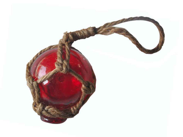 Red Japanese Glass Ball With Brown Netting Christmas Ornament 2"