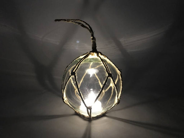 LED Lighted Clear Japanese Glass Ball Fishing Float with Brown Netting Decoration 4"