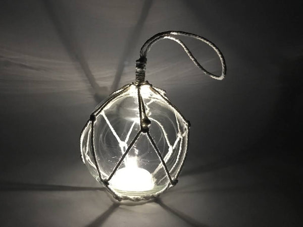 LED Lighted Clear Japanese Glass Ball Fishing Float with White Netting Decoration 4"