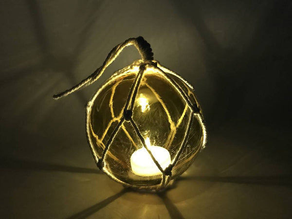 LED Lighted Amber Japanese Glass Ball Fishing Float with White Netting Decoration 4"