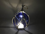 LED Lighted Dark Blue Japanese Glass Ball Fishing Float with Brown Netting Decoration 3"