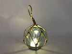 LED Lighted Light Blue Japanese Glass Ball Fishing Float with Brown Netting Decoration 3"