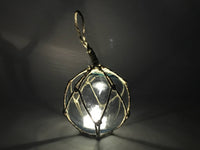 LED Lighted Light blue Japanese Glass Ball Fishing Float with Brown Netting Decoration 4"