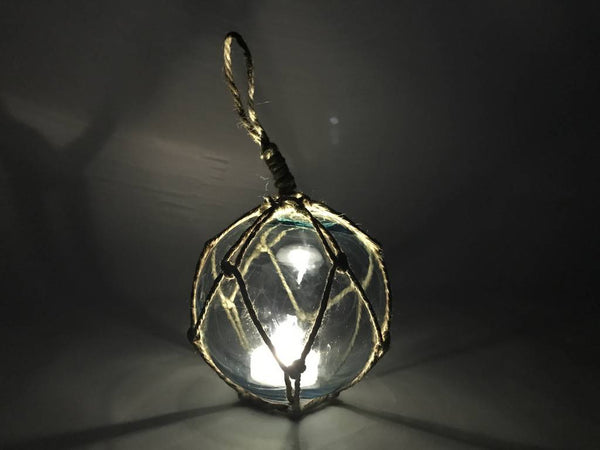 LED Lighted Light blue Japanese Glass Ball Fishing Float with Brown Netting Decoration 4"