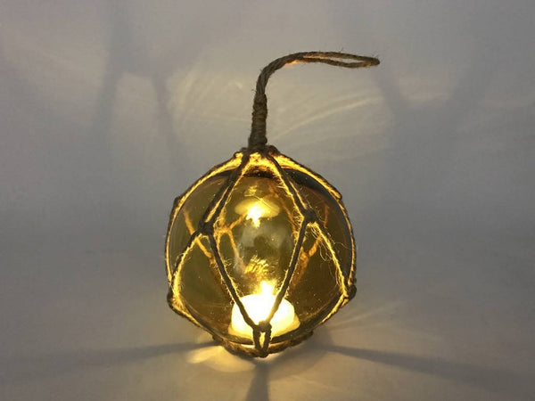 LED Lighted Amber Japanese Glass Ball Fishing Float with Brown Netting Decoration 4"