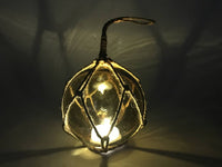 LED Lighted Amber Japanese Glass Ball Fishing Float with Brown Netting Decoration 3"