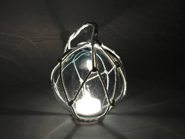 LED Lighted Light Blue Japanese Glass Ball Fishing Float with White Netting Decoration 4"